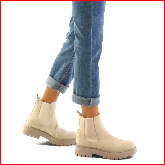 Women's Chelsea Ankle Boots Slip On Lug Sole Low Heel Elastic Booties - Picture 2 of 7